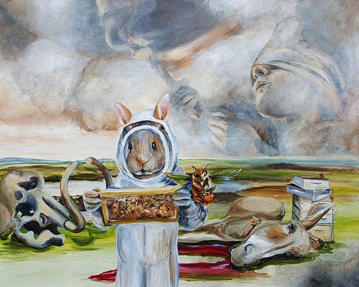 A bunny in a bee-keeper's outfit is looking at a panel from her hives.