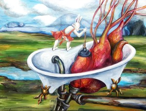 On the rim of a claw foot tub, a little rabbit in an apron is pushing a plunger with all her might to suction an over-sized human heart held by the tub. The open bottom leads to heavy metal pipes reaching out of the picture plane from the foreground. From the top of the heart in the tub, lead a series of arteries and veins that act as connective plumbing to a figure in the far distance-- a mountain range in the landscape or a reclined woman? The only source of liquid appears to be a large puddle that perfectly reflects a blue sky with puffy, white clouds.