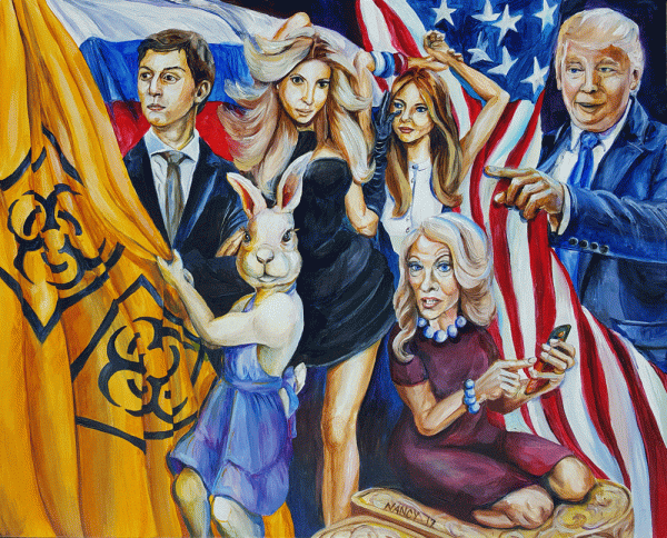 Who's Fired? You're Fired, acrylic on wooden panel. 20"x16" by Nancy Polo, 2017.