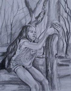 A ten-year-old girl wraps her arms around a tree trunk as she negotiates how to climb it.