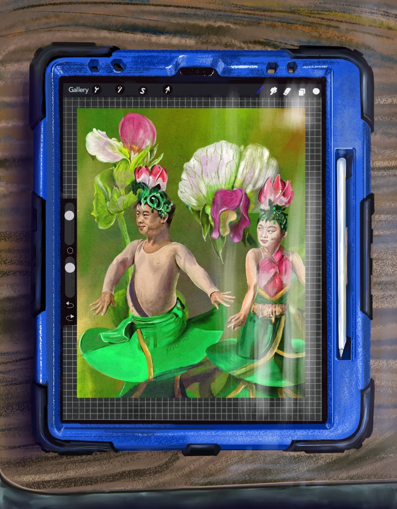 A digital painting of an iPad encased within a blue protective case with black bumpers around the corners and middle. On the screen is a painting of a man and woman in pink and green flower costumes with pink petal hats. They are dancing in front of oversized sweet pea flowers.
